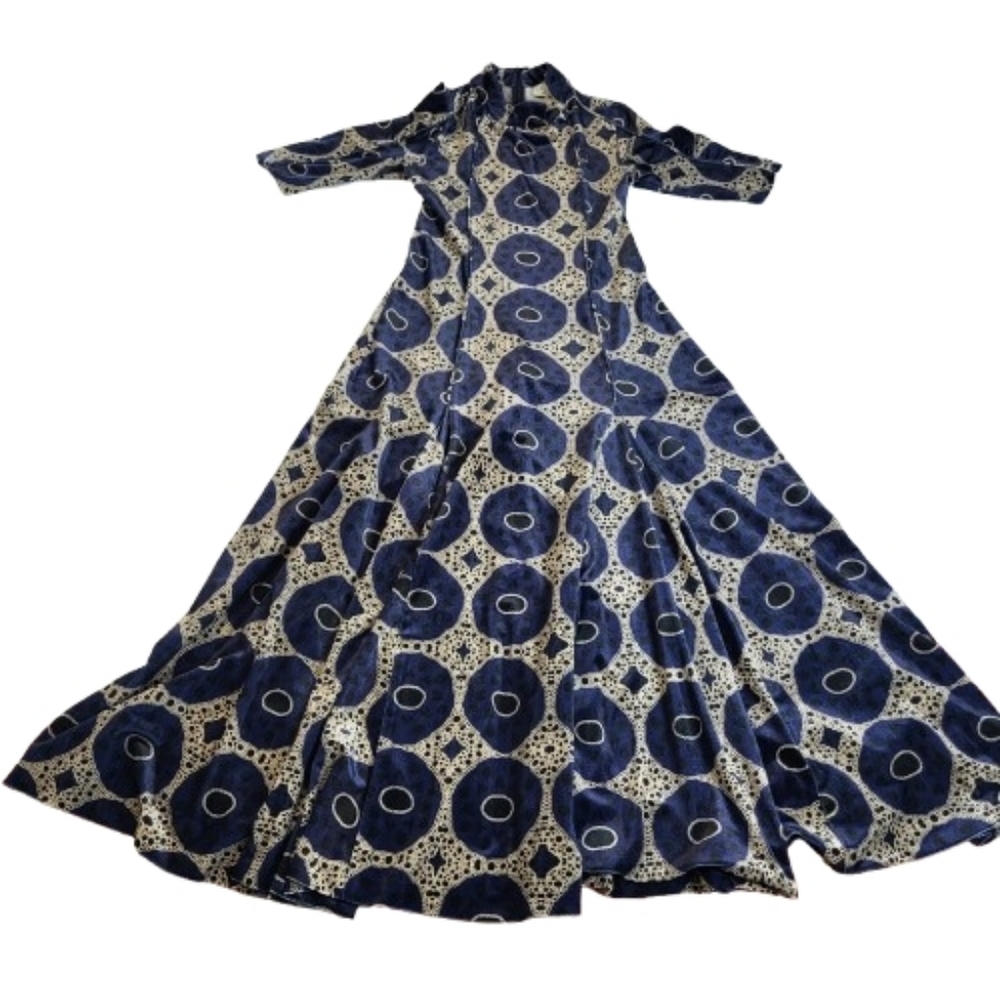 Sea New York Velvet Printed Midi Length Dress Navy Blue Tan Abstract Size Small